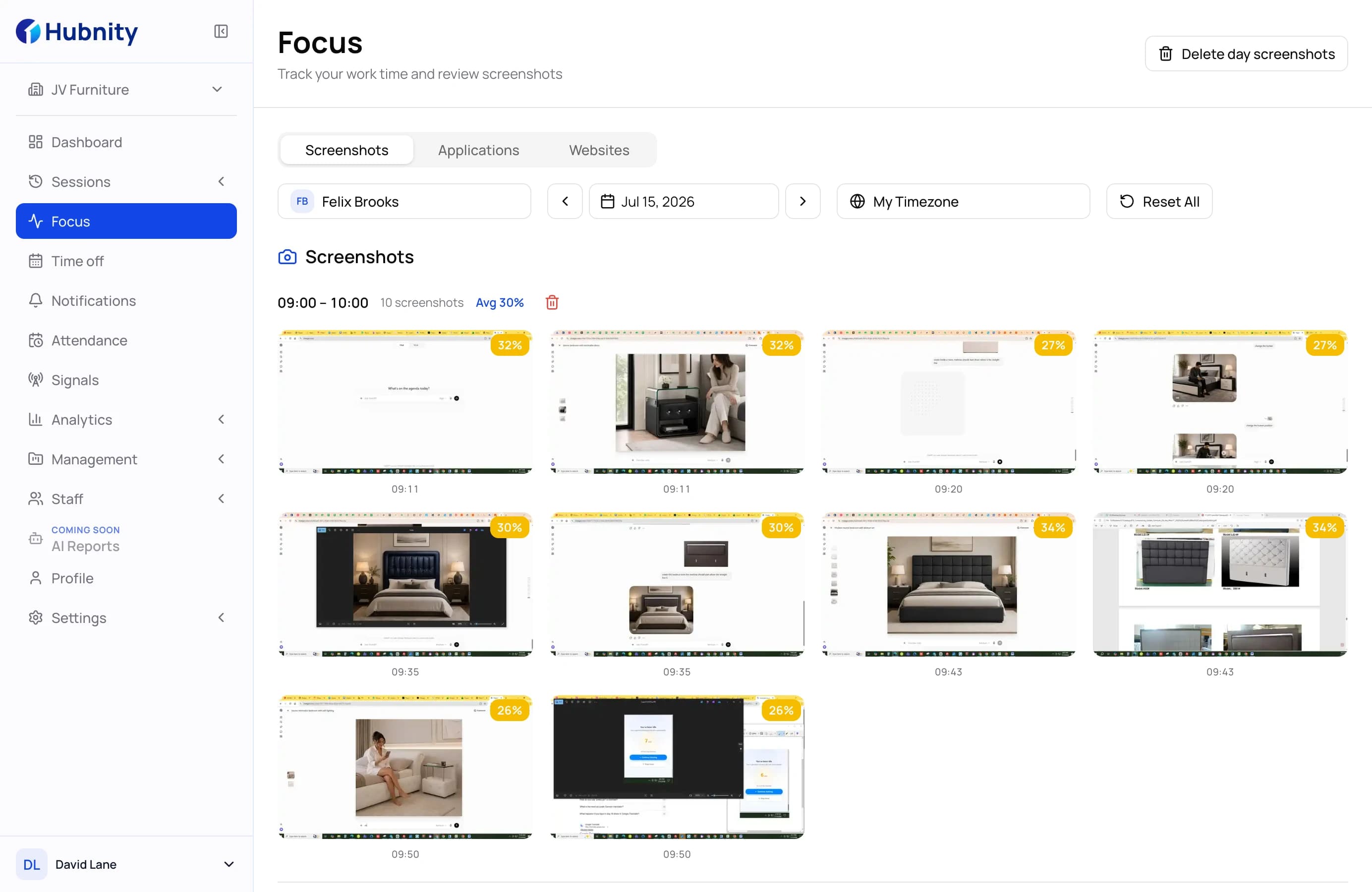 Hubnity Focus screen with a grid of periodic screenshots and activity levels