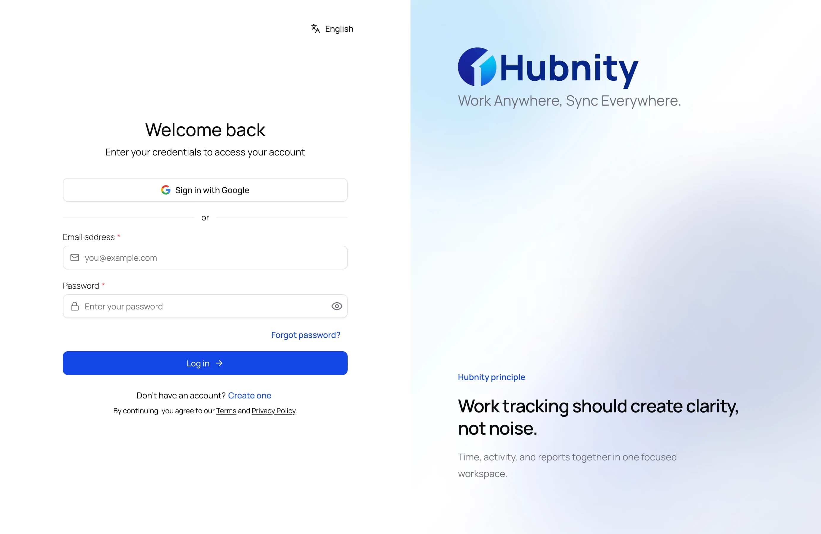 Hubnity secure login and authentication screen